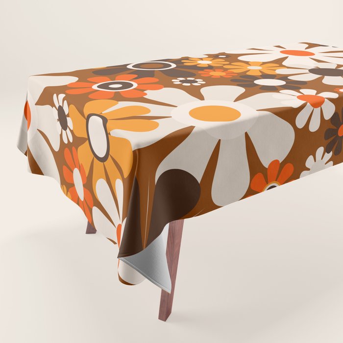 Retro Garden Flowers Groovy 1970s Floral Pattern in 70s Brown and Orange Tablecloth Gallery Image 1