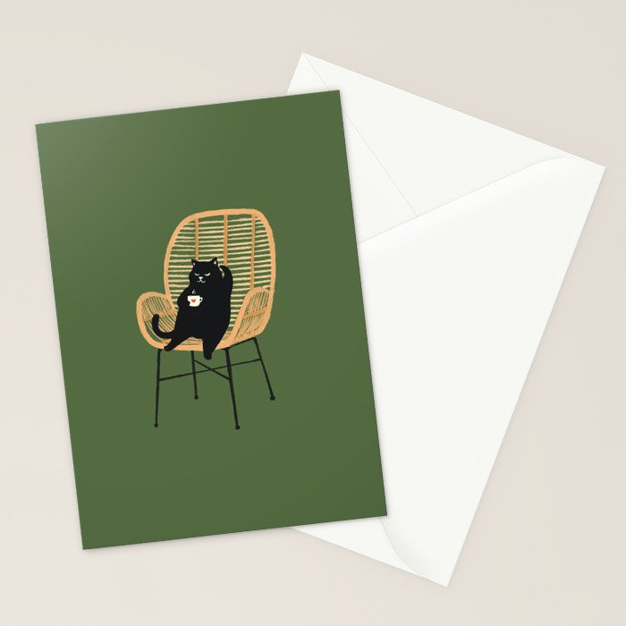 Lazy cat 2b Green enjoy coffee on rattan chair  Stationery Card Gallery Image 2