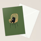 Lazy cat 2b Green enjoy coffee on rattan chair  Stationery Card Gallery Image 2