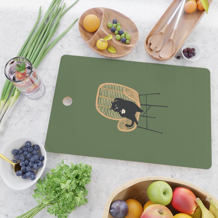 Lazy cat 2b Green enjoy coffee on rattan chair  Cutting Board Gallery Image 2