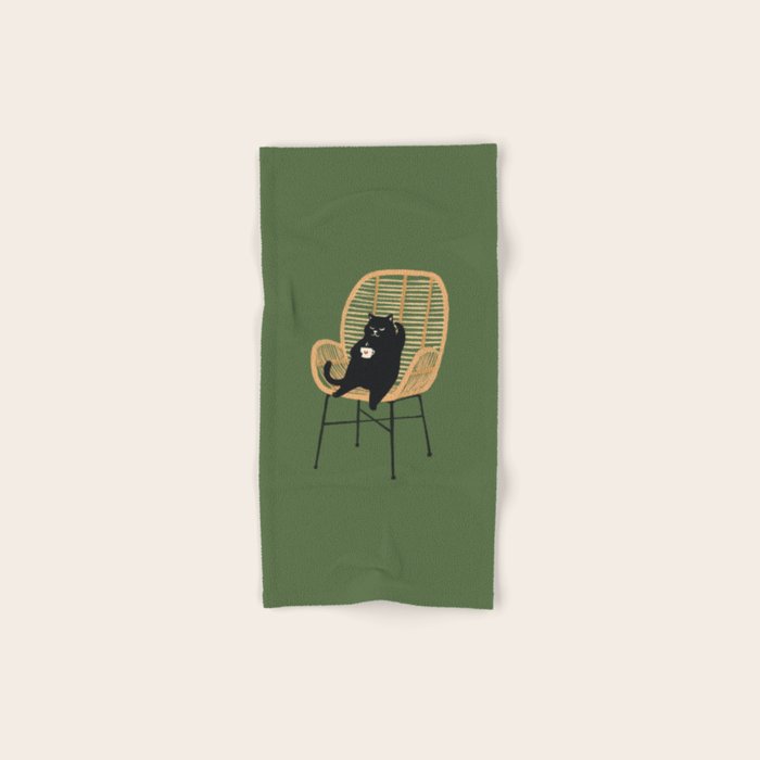 Lazy cat 2b Green enjoy coffee on rattan chair  Bath Towel Gallery Image 1