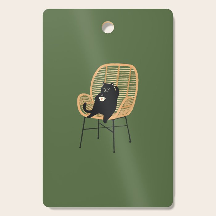 Lazy cat 2b Green enjoy coffee on rattan chair  Cutting Board Gallery Image 1