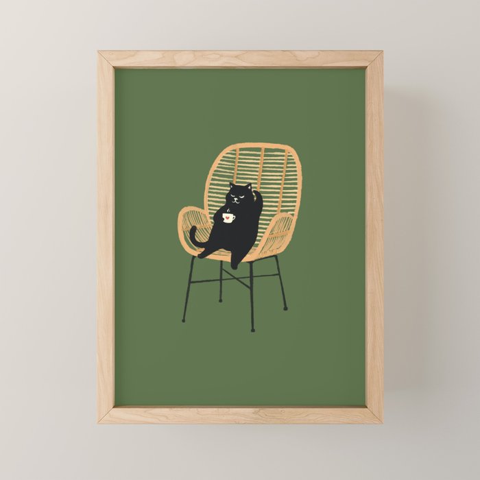 Lazy cat 2b Green enjoy coffee on rattan chair  Mini Art Print Gallery Image 1