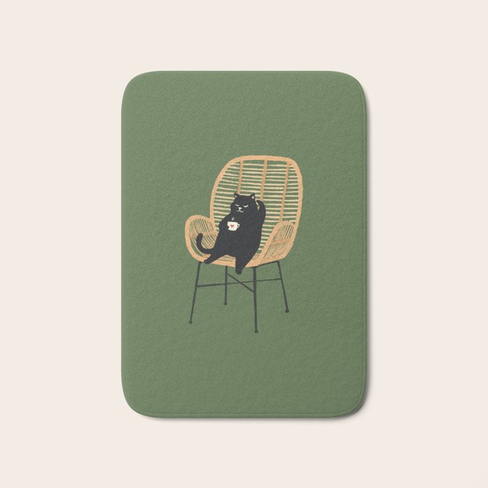 Lazy cat 2b Green enjoy coffee on rattan chair  Bath Mat Gallery Image 1