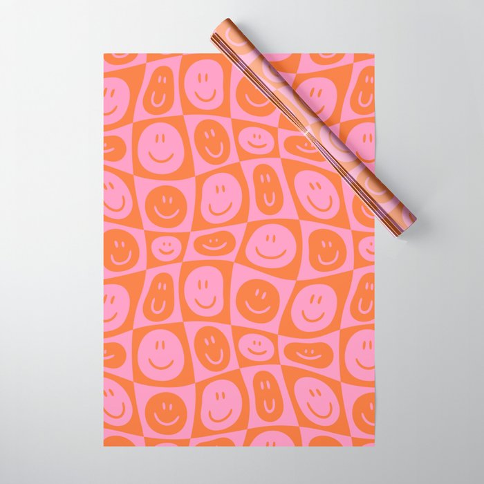 Retro happy face checkered pattern Wrapping Paper Gallery Image 1