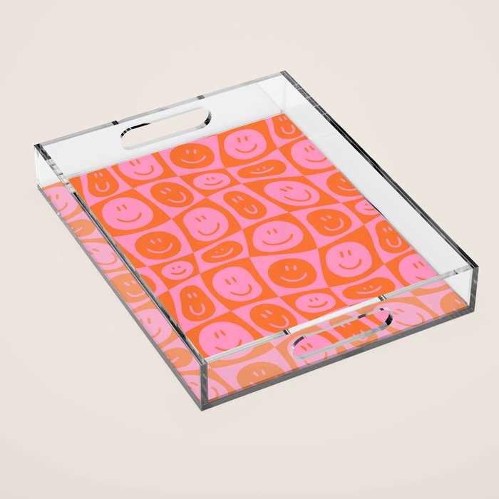 Retro happy face checkered pattern Acrylic Tray Gallery Image 1