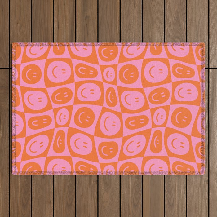 Retro happy face checkered pattern Outdoor Rug Gallery Image 1