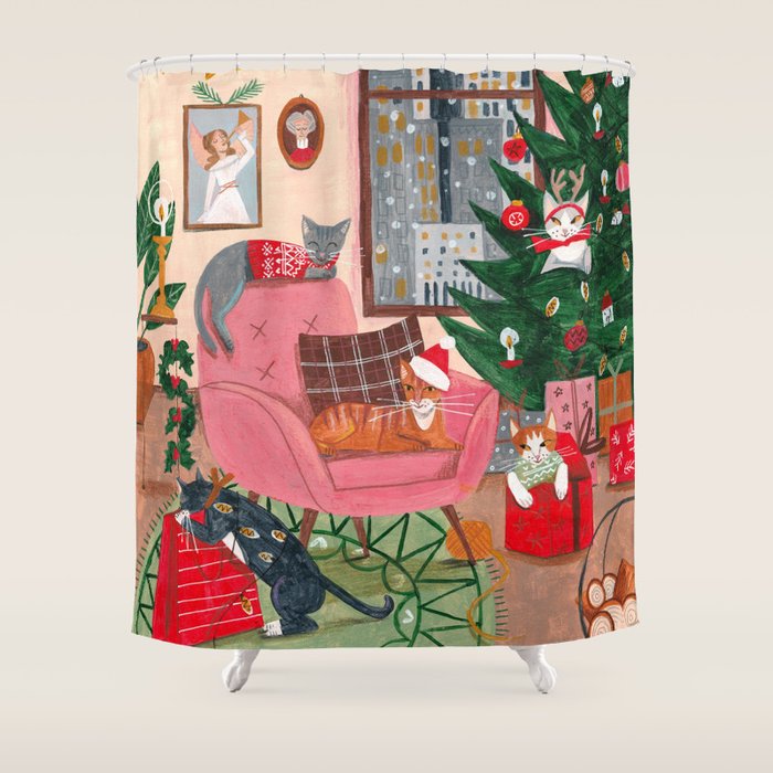 Festive retro Christmas cats modern traditional holiday Shower Curtain Gallery Image 1