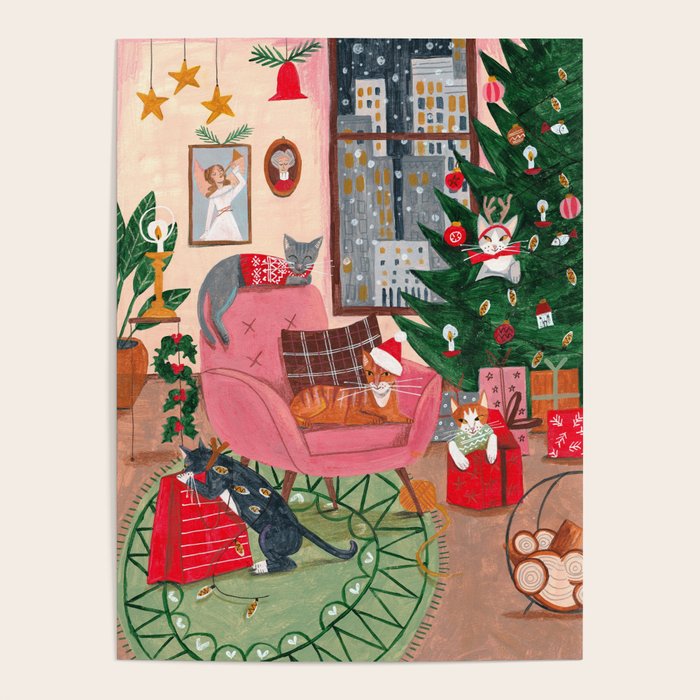 Festive retro Christmas cats modern traditional holiday Poster Gallery Image 1