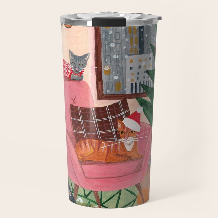 Festive retro Christmas cats modern traditional holiday Travel Mug Gallery Image 1