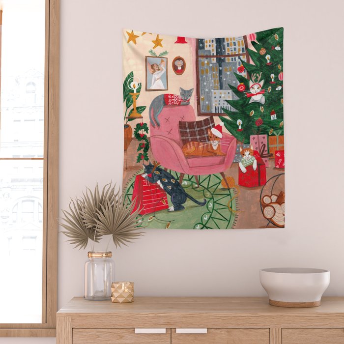 Festive retro Christmas cats modern traditional holiday Wall Tapestry Gallery Image 2