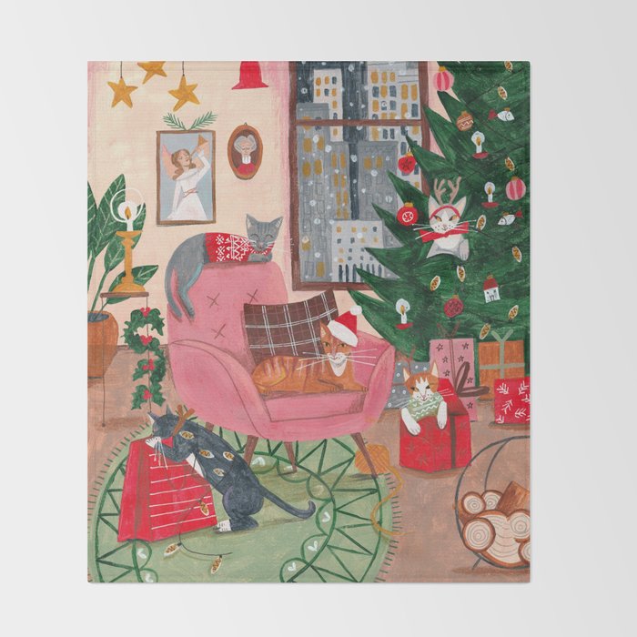 Festive retro Christmas cats modern traditional holiday Throw Blanket Gallery Image 2