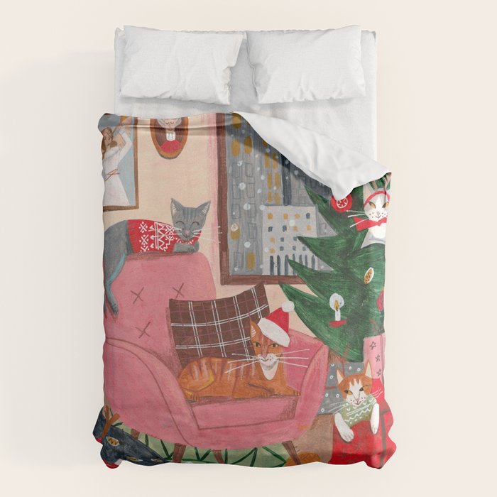 Festive retro Christmas cats modern traditional holiday Duvet Cover Gallery Image 1