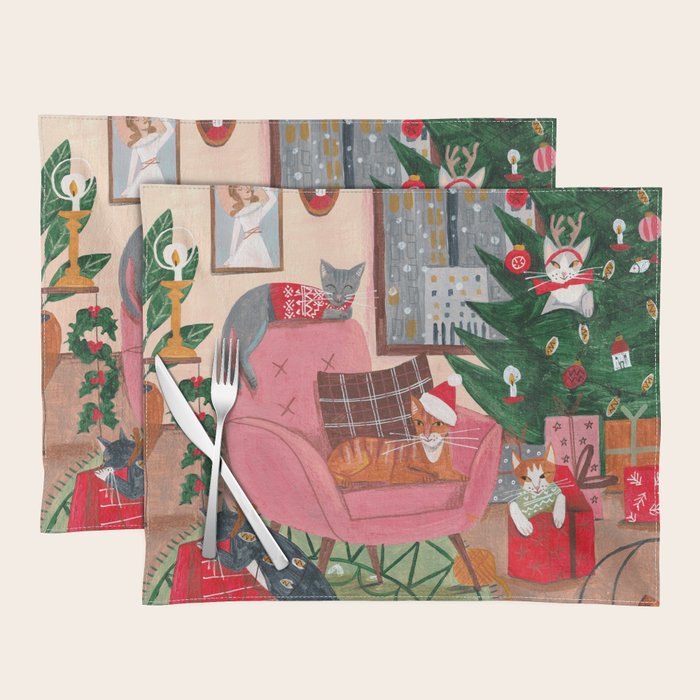 Festive retro Christmas cats modern traditional holiday Placemat Gallery Image 1