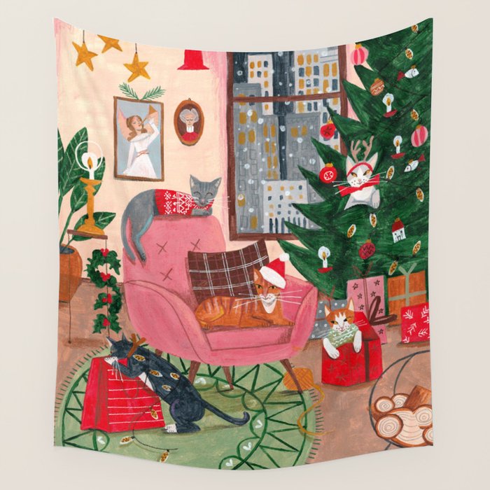 Festive retro Christmas cats modern traditional holiday Wall Tapestry Gallery Image 4