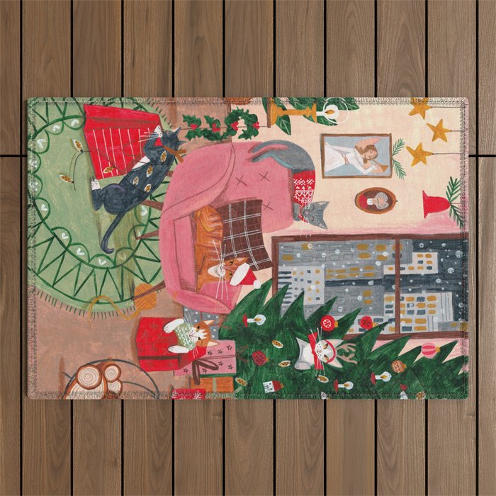 Festive retro Christmas cats modern traditional holiday Outdoor Rug Gallery Image 1