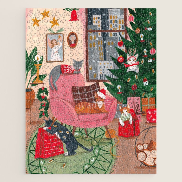 Festive Retro Christmas Cats Modern Traditional Holiday Jigsaw Puzzle