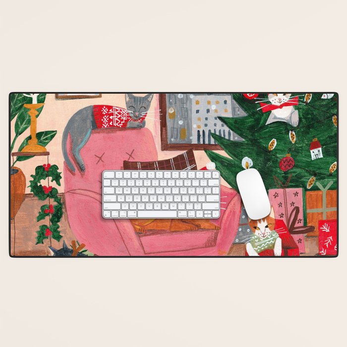 Festive retro Christmas cats modern traditional holiday Desk Mat Gallery Image 1