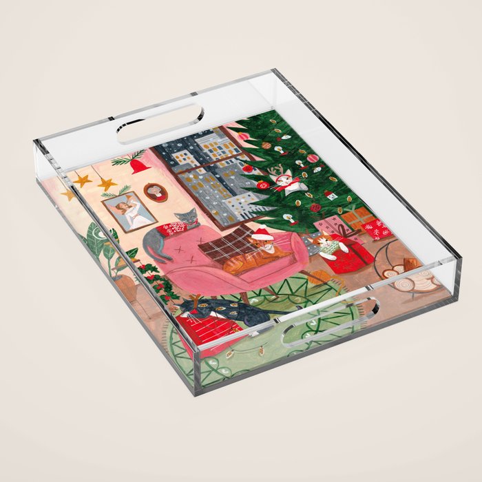 Festive retro Christmas cats modern traditional holiday Acrylic Tray Gallery Image 1