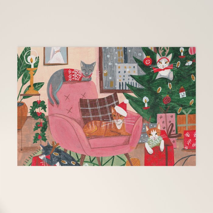Festive retro Christmas cats modern traditional holiday Welcome Mat Gallery Image 1