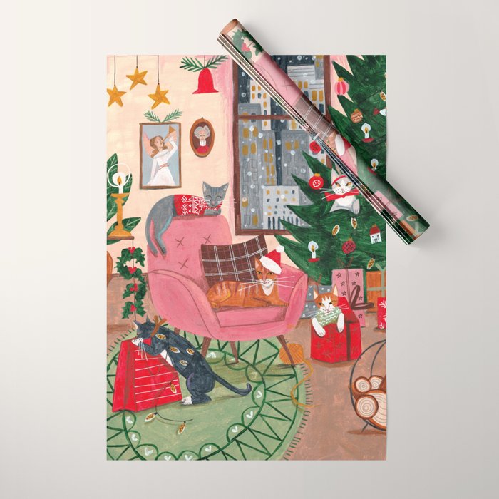 Festive retro Christmas cats modern traditional holiday Wrapping Paper