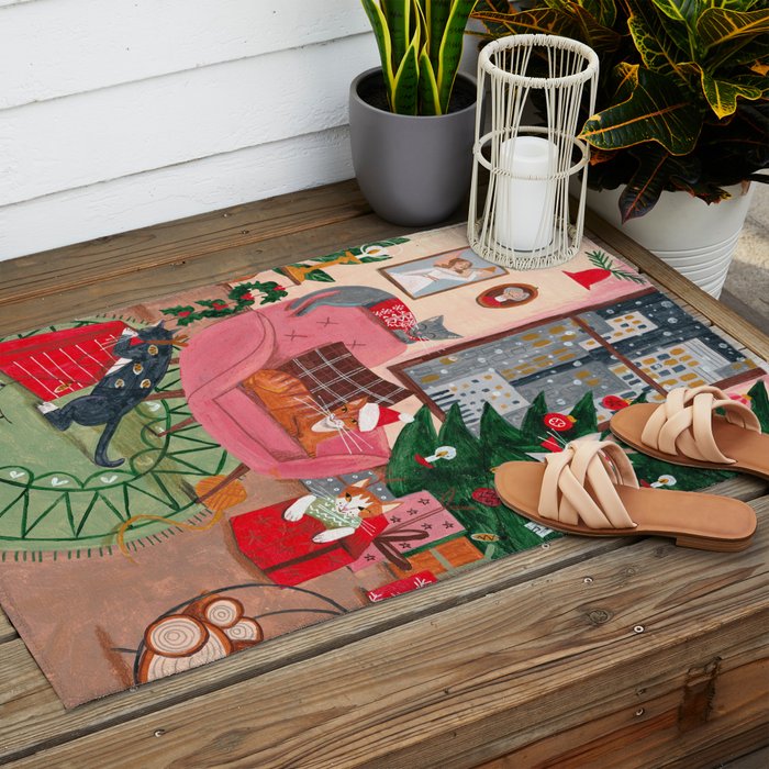 Festive retro Christmas cats modern traditional holiday Outdoor Rug Gallery Image 2