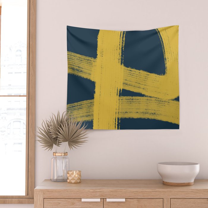 Abstract Minimalist Painted Brushstrokes in Light Mustard and Navy Blue 1 Wall Tapestry Gallery Image 2