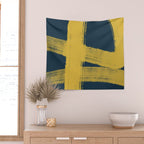 Abstract Minimalist Painted Brushstrokes in Light Mustard and Navy Blue 1 Wall Tapestry Gallery Image 2