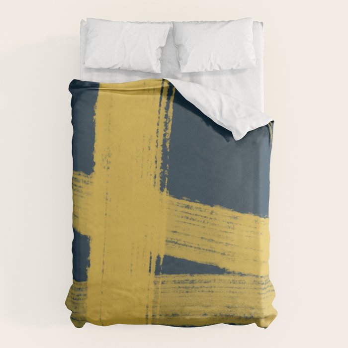 Abstract Minimalist Painted Brushstrokes in Light Mustard and Navy Blue 1 Duvet Cover Gallery Image 1