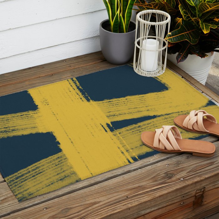 Abstract Minimalist Painted Brushstrokes in Light Mustard and Navy Blue 1 Outdoor Rug Gallery Image 2