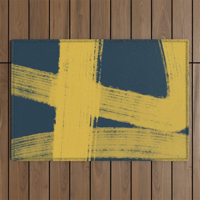 Abstract Minimalist Painted Brushstrokes in Light Mustard and Navy Blue 1 Outdoor Rug Gallery Image 1