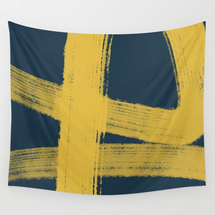 Abstract Minimalist Painted Brushstrokes in Light Mustard and Navy Blue 1 Wall Tapestry Gallery Image 1