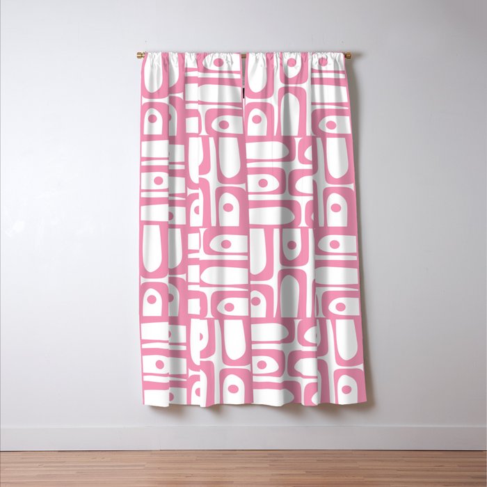 Mid Century Modern Piquet Abstract Multi Geometric Pattern in Retro Pink and White Window Curtain Gallery Image 3