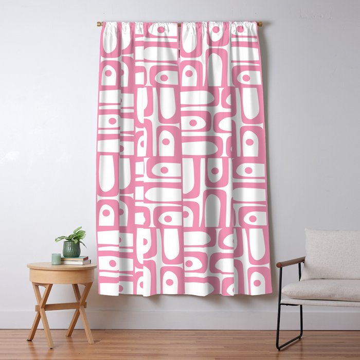 Mid Century Modern Piquet Abstract Multi Geometric Pattern in Retro Pink and White Window Curtain Gallery Image 5