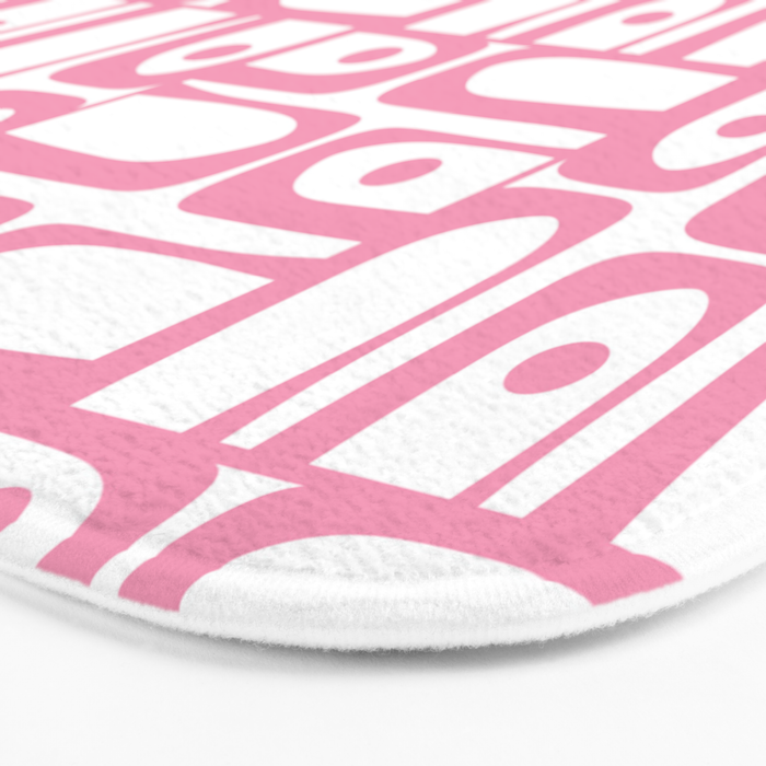 Mid Century Modern Piquet Abstract Multi Geometric Pattern in Retro Pink and White Bath Mat Gallery Image 3
