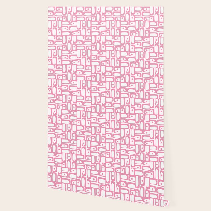 Mid Century Modern Piquet Abstract Multi Geometric Pattern in Retro Pink and White Wallpaper Gallery Image 2