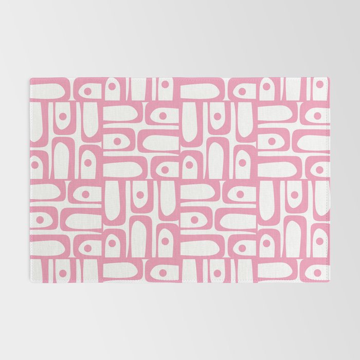 Mid Century Modern Piquet Abstract Multi Geometric Pattern in Retro Pink and White Rug Gallery Image 2