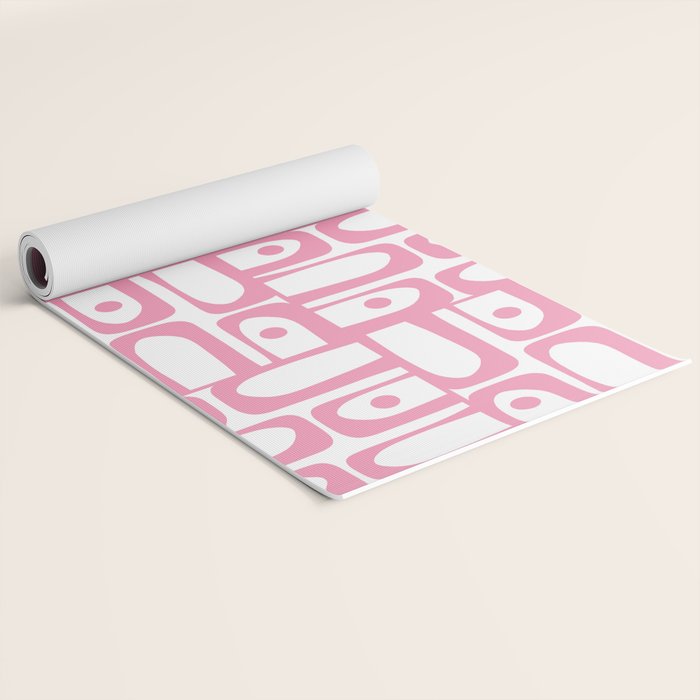 Mid Century Modern Piquet Abstract Multi Geometric Pattern in Retro Pink and White Yoga Mat Gallery Image 2