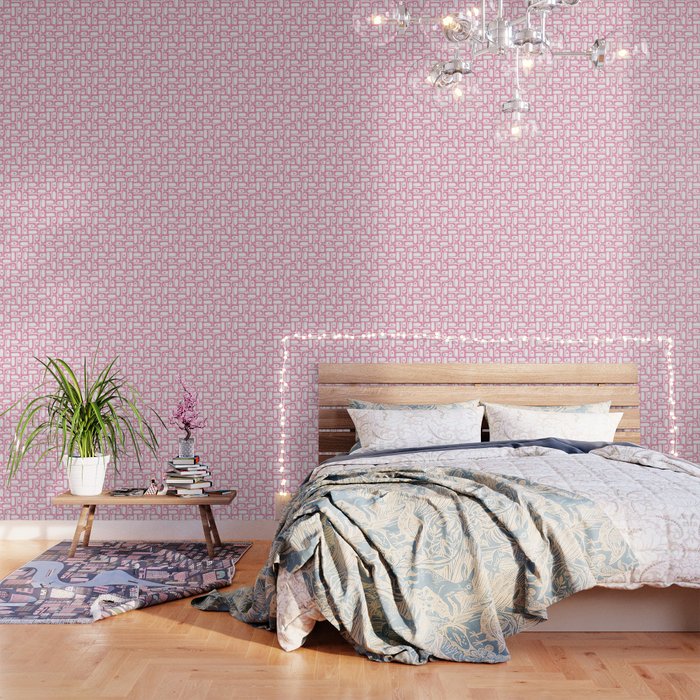 Mid Century Modern Piquet Abstract Multi Geometric Pattern in Retro Pink and White Wallpaper Gallery Image 3