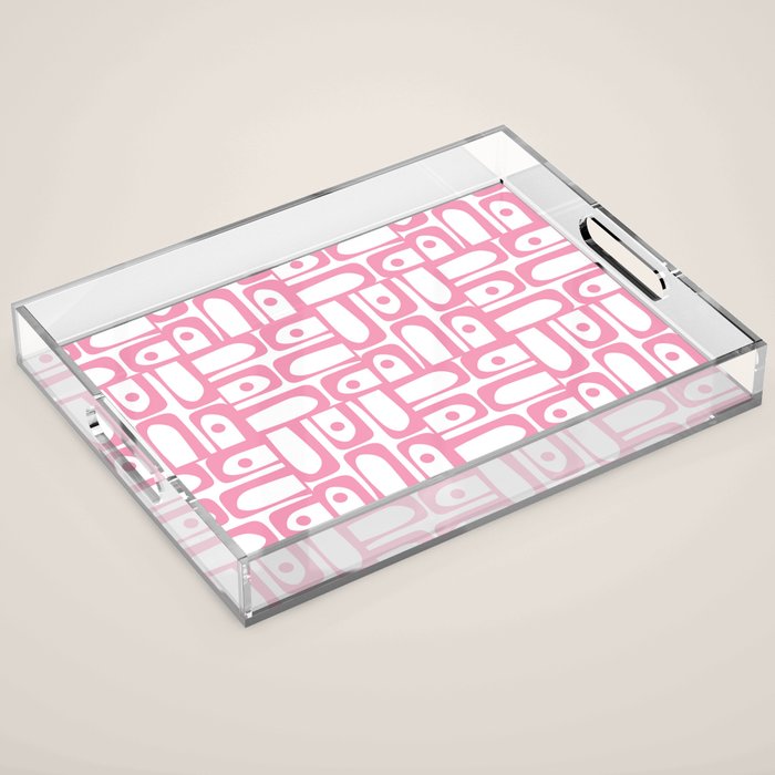 Mid Century Modern Piquet Abstract Multi Geometric Pattern in Retro Pink and White Acrylic Tray Gallery Image 1