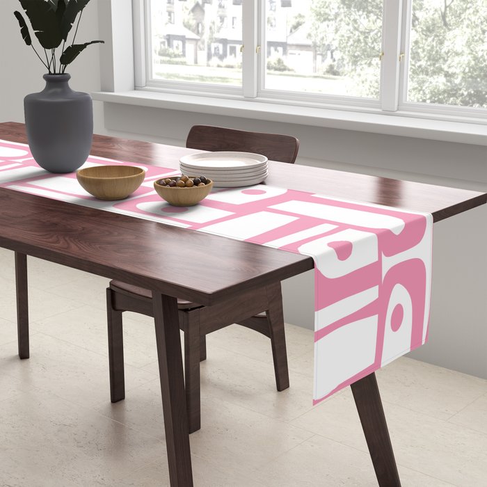 Mid Century Modern Piquet Abstract Multi Geometric Pattern in Retro Pink and White Table Runner Gallery Image 2