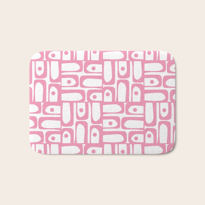 Mid Century Modern Piquet Abstract Multi Geometric Pattern in Retro Pink and White Bath Mat Gallery Image 1