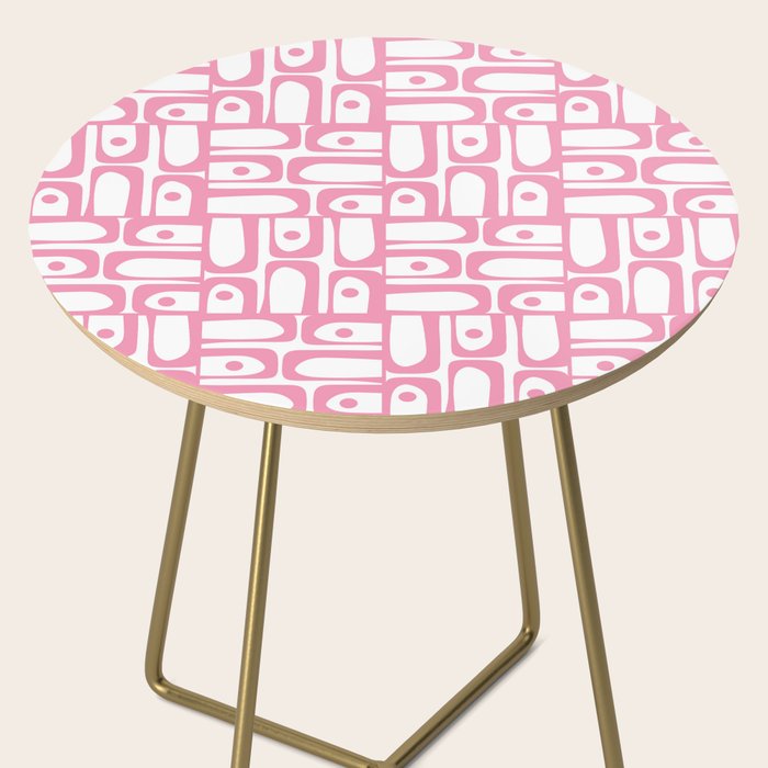 Mid Century Modern Piquet Abstract Multi Geometric Pattern in Retro Pink and White Side Table Gallery Image 2