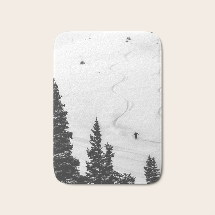 Backcountry Skier // Fresh Powder Snow Mountain Ski Landscape Black and White Photography Vibes Bath Mat Gallery Image 1