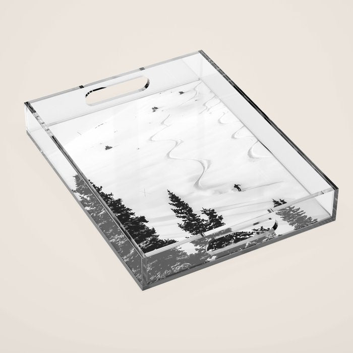 Backcountry Skier // Fresh Powder Snow Mountain Ski Landscape Black and White Photography Vibes Acrylic Tray Gallery Image 1