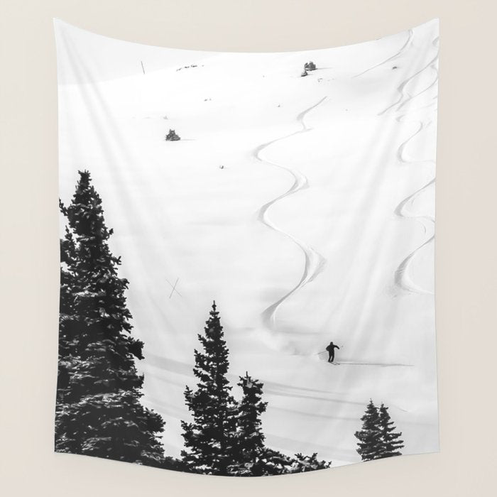 Backcountry Skier // Fresh Powder Snow Mountain Ski Landscape Black and White Photography Vibes Wall Tapestry Gallery Image 1