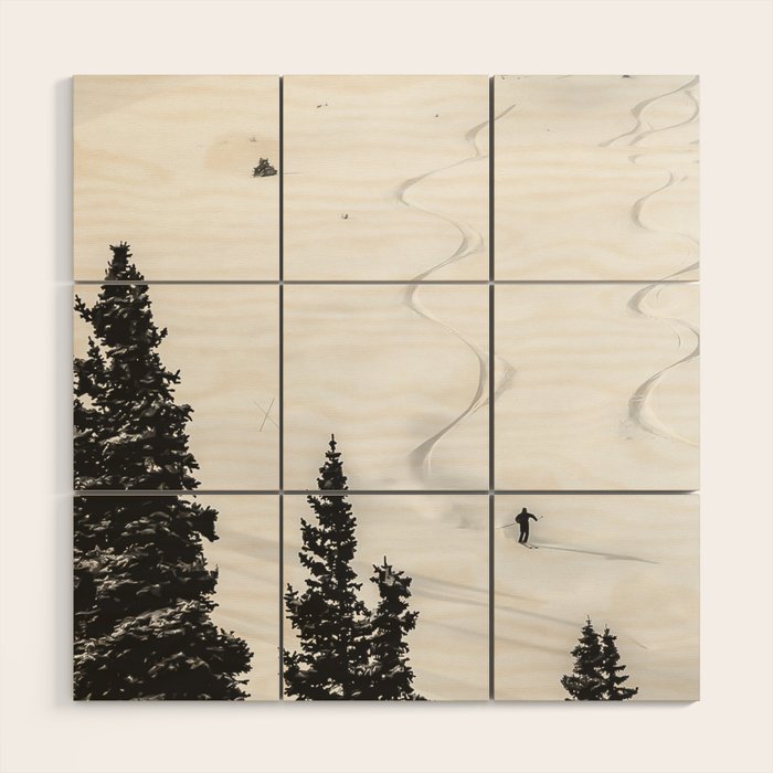 Backcountry Skier // Fresh Powder Snow Mountain Ski Landscape Black and White Photography Vibes Wood Wall Art Gallery Image 1