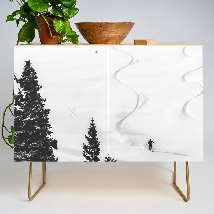 Backcountry Skier // Fresh Powder Snow Mountain Ski Landscape Black and White Photography Vibes Credenza Gallery Image 1