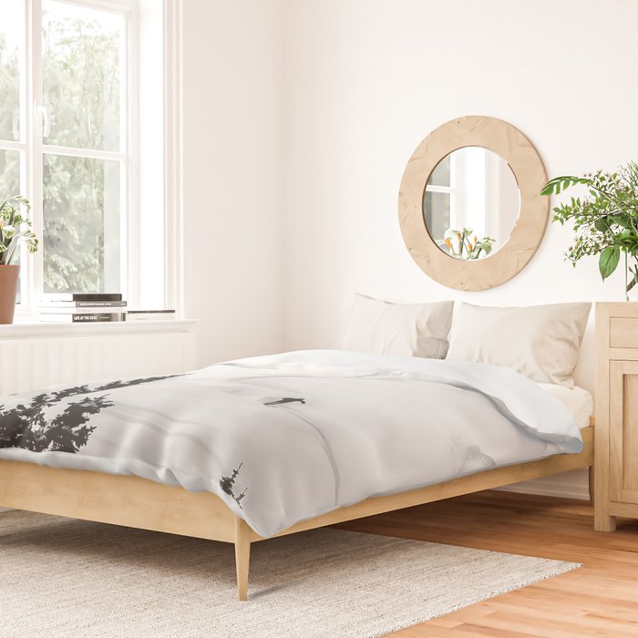 Backcountry Skier // Fresh Powder Snow Mountain Ski Landscape Black and White Photography Vibes Duvet Cover Gallery Image 2