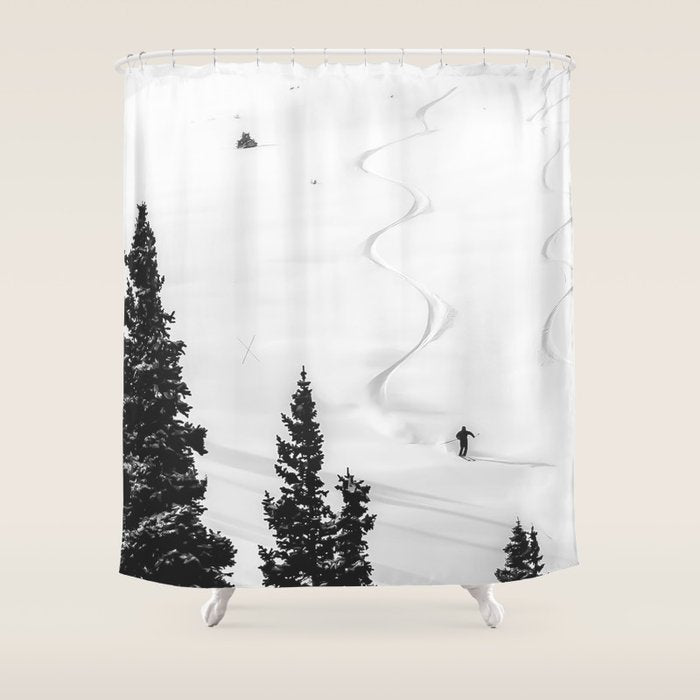 Backcountry Skier // Fresh Powder Snow Mountain Ski Landscape Black and White Photography Vibes Shower Curtain Gallery Image 1